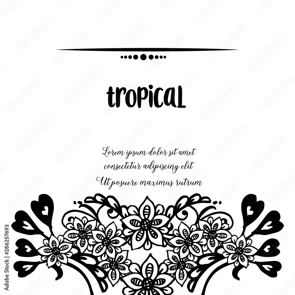 Wreath frame with cute design, lettering of tropical, template of cards. Vector