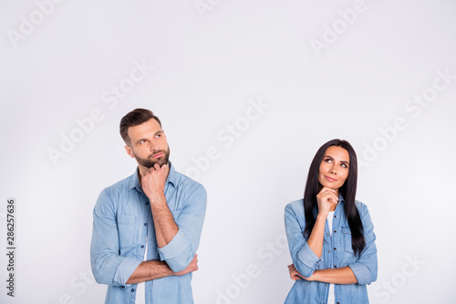 Portrait of his he her she nice-looking pretty attractive lovely charming cute cheerful curious persons asking question first date isolated over light white pastel background