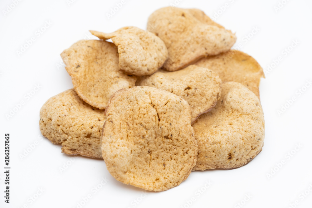 Traditional Thai snack, Rice cracker mix fish meat on white background Traditional Thai snack, Rice cracker mix fish meat on white background
