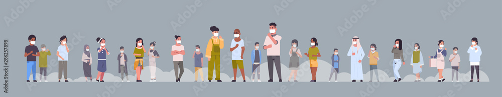 people wearing face masks environmental industrial smog dust toxic air pollution and virus protection concept mix race men women walking outdoor full length horizontal flat