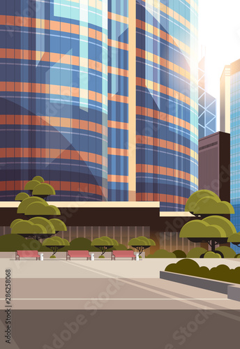 beautifil city street sunrise skyline high skyscrapers modern cityscape background flat vertical closeup