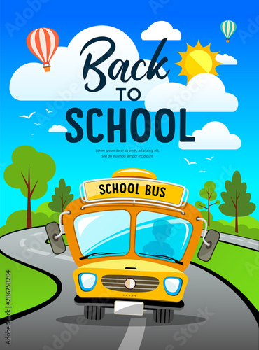 Vector Back to school bus on road and tree concept design background, illustration