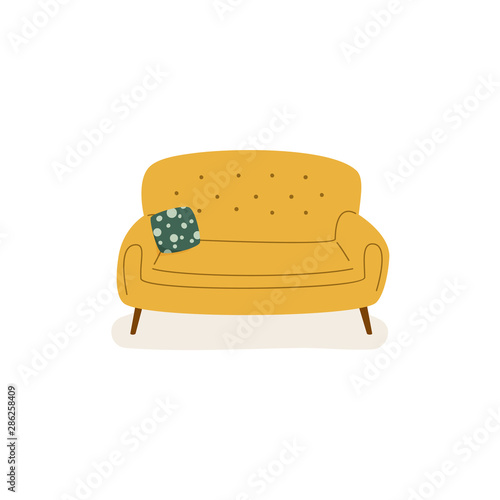 Yellow soft couch in scandinavian style. Vector Hand drawn Living room furniture isolated from background.