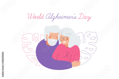 World Alzheimer's day card with an elderly couple who care for each other. The older man and woman wear a purple ribbon to support people with dementia and their carers.