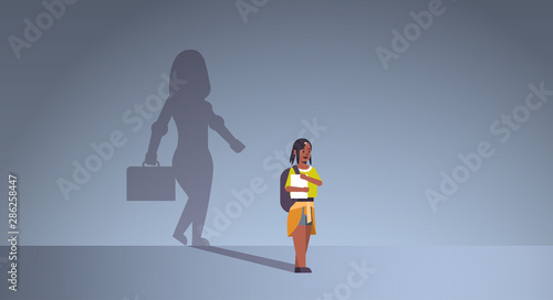 african american girl student dreaming about being businesswoman shadow of business woman with briefcase imagination aspiration concept female cartoon character full length flat horizontal