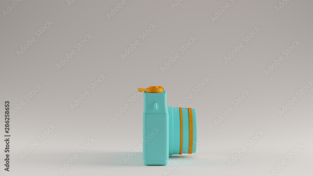 Fototapeta premium Gulf Blue Turquoise and Orange Vintage Camera with Adjustable Lens Right View 3d illustration 3d render