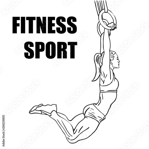 Crossfit Woman on gymnastic rings. Vector Illustration black line on white background.  