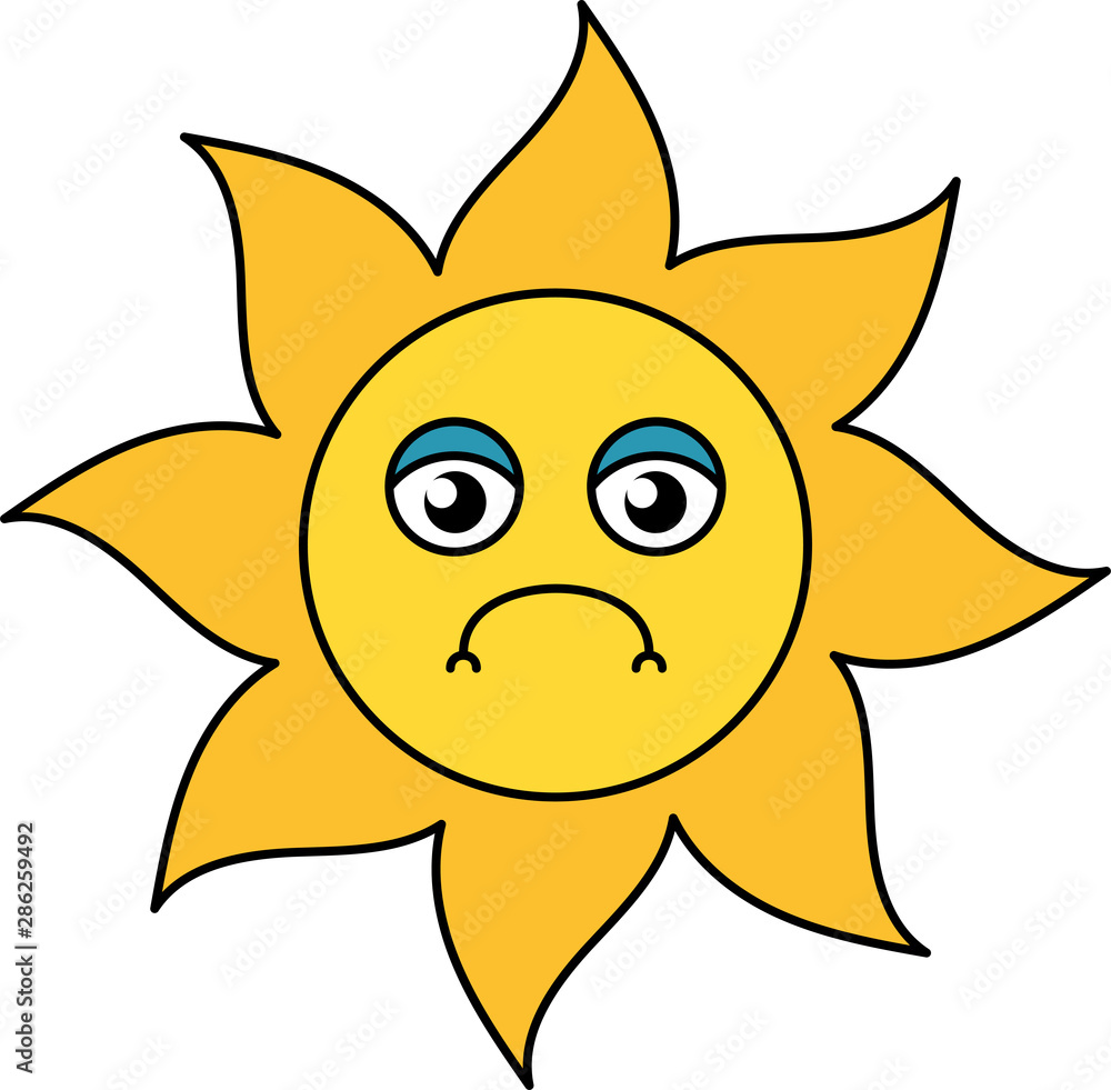 Unhappy sun emoji outline illustration