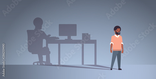 african american guy dreaming about being freelancer shadow of man working on computer at workplace imagination aspiration concept male cartoon character full length flat horizontal