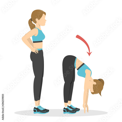 Bend forward exercise. Woman doing fitness in the gym
