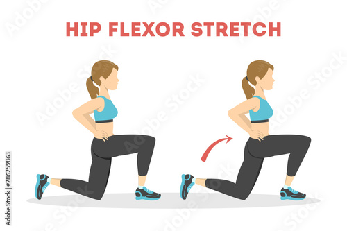 Woman doing hip flexor stretch exercise. Idea of healthy