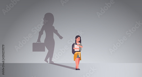 girl student dreaming about being businesswoman shadow of business woman with briefcase imagination aspiration concept female cartoon character standing pose full length flat horizontal