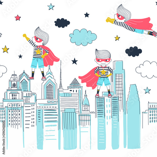 Super boys horizontal vector seamless pattern. Comic book heroes cartoon texture. Little superheroes protecting city decorative background. Childish wallpaper, wrapping paper, textile design
