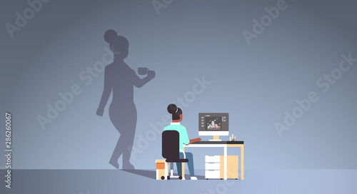 african american woman architect sitting at workplace overworked engineer dreaming about coffee break shadow of girl with cup imagination aspiration concept horizontal full length