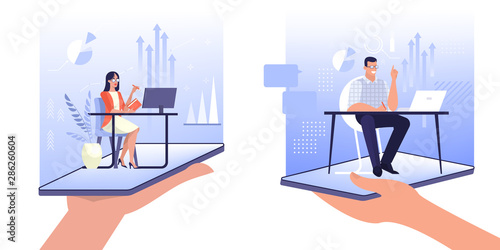 Online exepert concept. Assistant sitting at the desk.