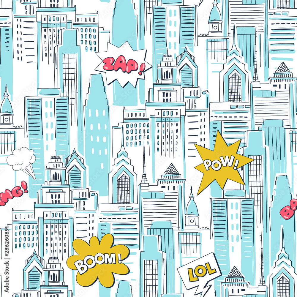 Comic book city vector cartoon seamless pattern. Vintage superhero action texture. Skyscrapers and fight bubbles decorative background. Childish wallpaper, wrapping paper, textile design
