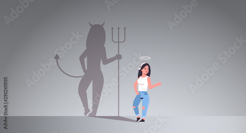 girl with nimbus choosing between good and evil shadow of devil imagination aspiration concept female cartoon character standing pose full length flat horizontal