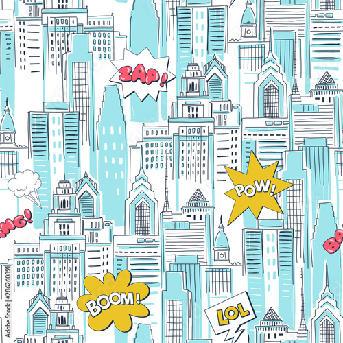 Comic book city vector cartoon seamless pattern. Vintage superhero action texture. Skyscrapers and fight bubbles decorative background. Childish wallpaper, wrapping paper, textile design