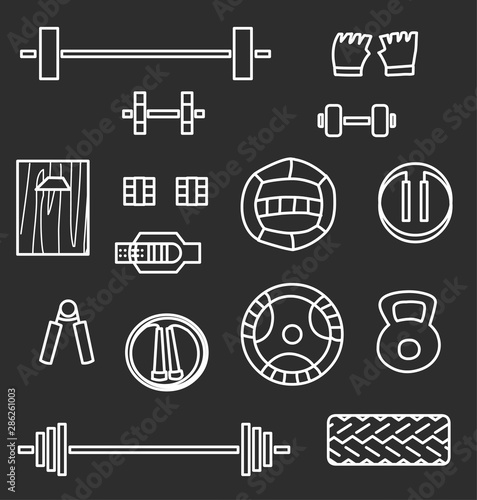 Set of crossfit gym equipment line icons of dumbbell, gymnastics grips, dumbbells, fitball, jump rope, weight lifting, med ball and tire. Line icon set. Cross fit training tools.