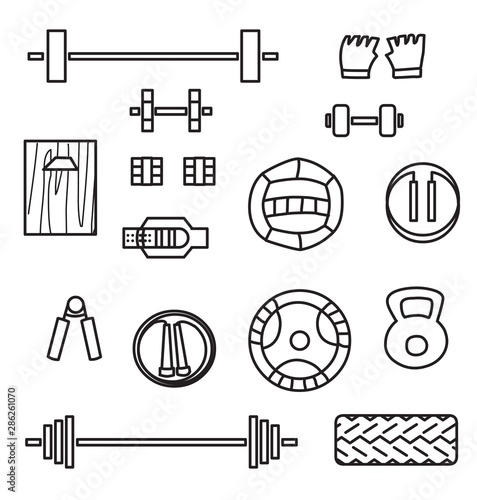 Set of crossfit gym equipment line icons of dumbbell, gymnastics grips, dumbbells, fitball, jump rope, weight lifting, med ball and tire. Line icon set. Cross fit training tools.