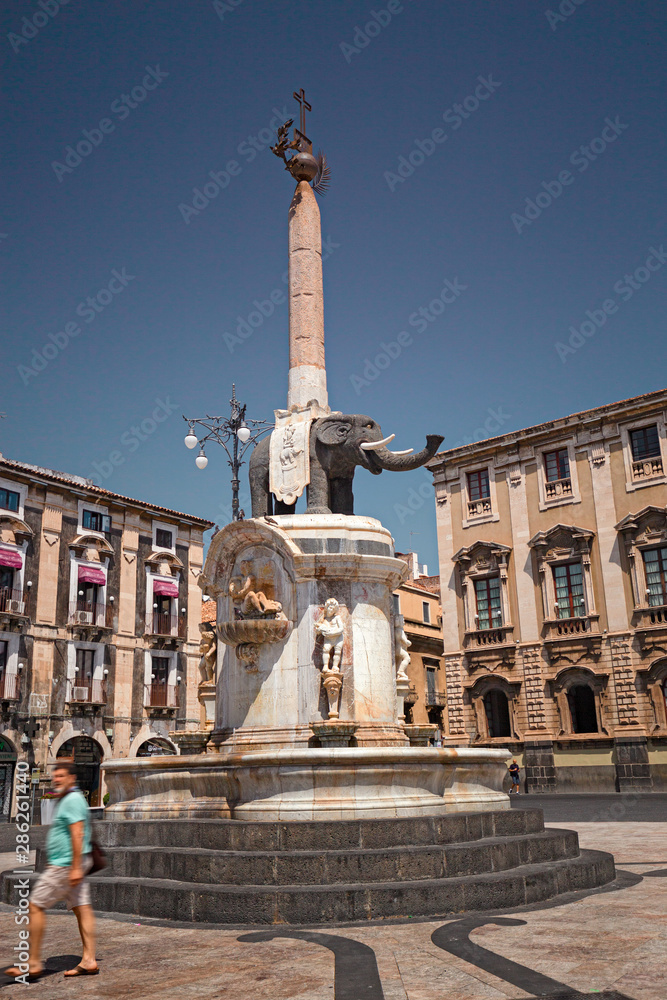 Panoramic view of Duomo square, with the elephant fountain in Catania in Sicily, Italy.