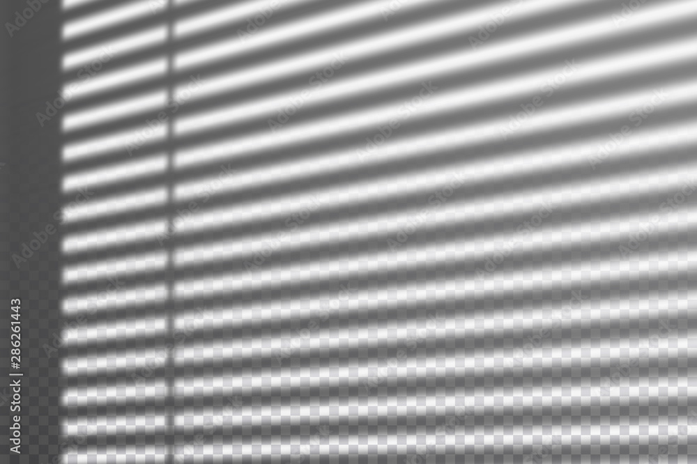 Realistic transparent drop shadow from the blinds on a wall, striped overlay effect for photo, design presentation. Vector illustration - obrazy, fototapety, plakaty 