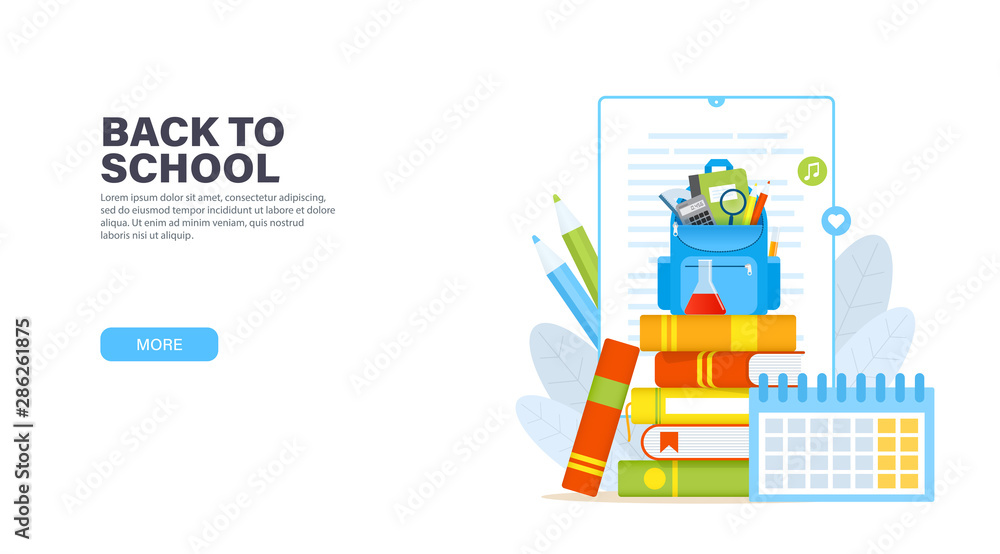 Back to school. Blue backpack with school supplies on a stack of books. Online education or ebook reading concept. Vector modern landing page.