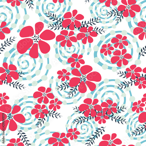 Red and blue winter flowers seamless vector background. Floral vector repeat tile Scandinavian style. Use for gift wrap, fabric, wallpaper, banners, home decor