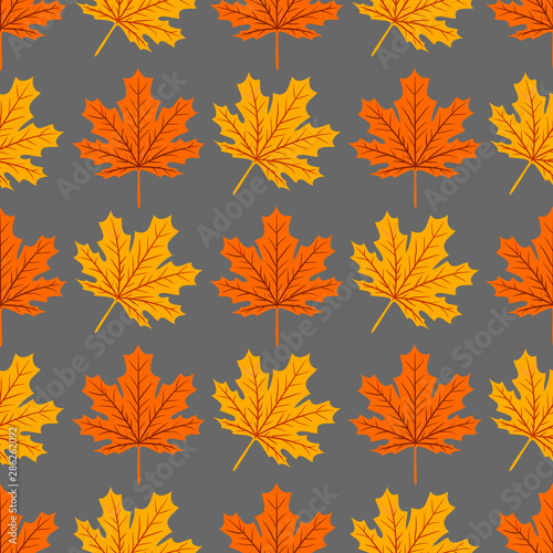 Beautiful Hand drawn Maple leaves mix with modern line in maple shape and autumn leaves element seamless pattern vector layer for fashion fabric and all prints on dark green