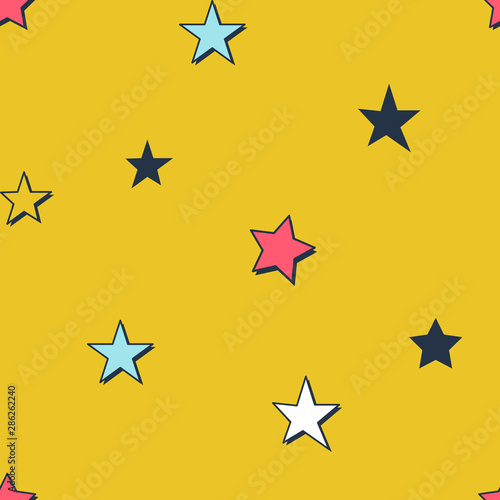 Colorful stars hand drawn cartoon seamless pattern. Children comic book decorative texture. Multicolor childish constellation on white background. Wallpaper  wrapping paper  textile design