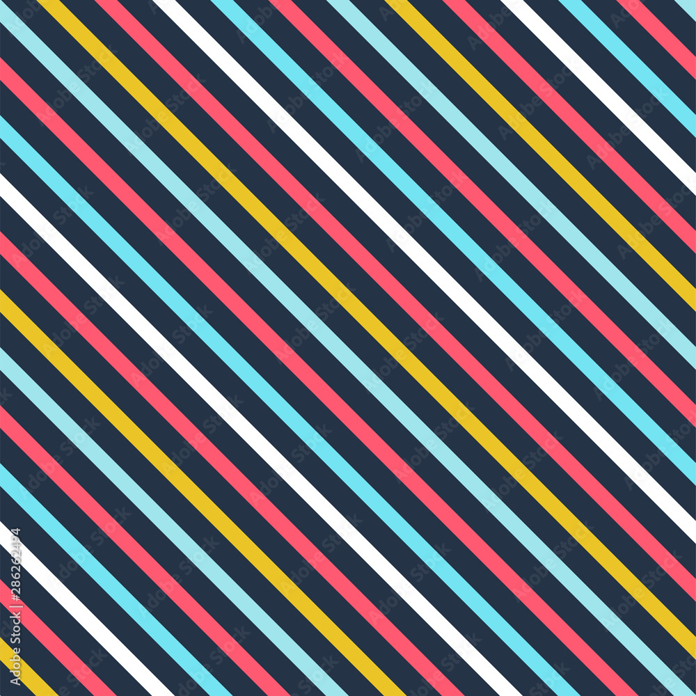 Colorful diagonal stripes flat seamless pattern. Fashionable vintage texture. Multicolor angled lines decorative background. Minimalistic wallpaper, wrapping paper, textile retro design