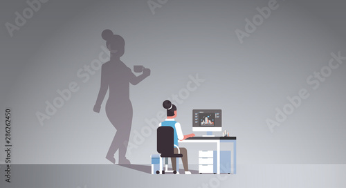 overworked woman architect sitting at workplace busy engineer dreaming about coffee break shadow of girl with cup imagination aspiration concept female cartoon character horizontal full length