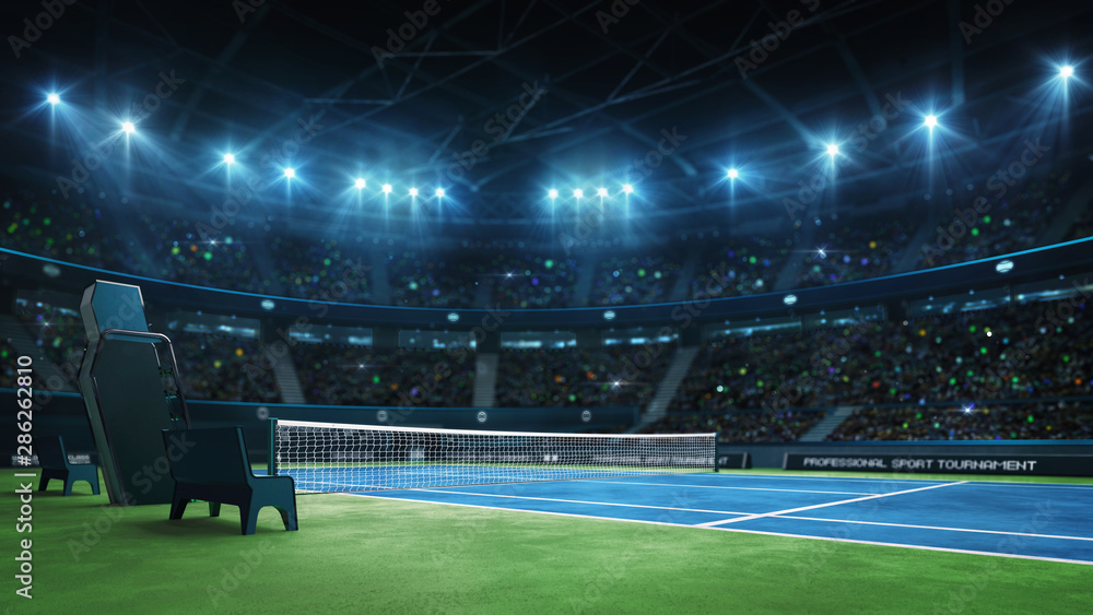 Fototapeta premium Blue tennis court and illuminated indoor arena with fans, court corner view, professional tennis sport 3d illustration background
