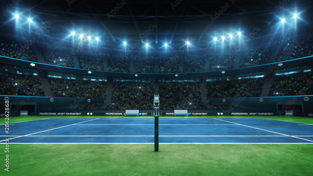Blue tennis court and illuminated indoor arena with fans, referee side  view, professional tennis sport 3d illustration background Stock  Illustration | Adobe Stock
