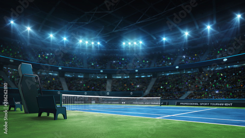 Blue tennis court and illuminated indoor arena with fans, court corner view, professional tennis sport 3d illustration background