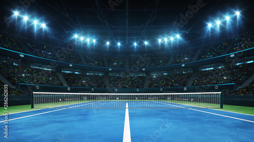 Fototapeta Naklejka Na Ścianę i Meble -  Blue tennis court and illuminated indoor arena with fans, player front view, professional tennis sport 3d illustration background