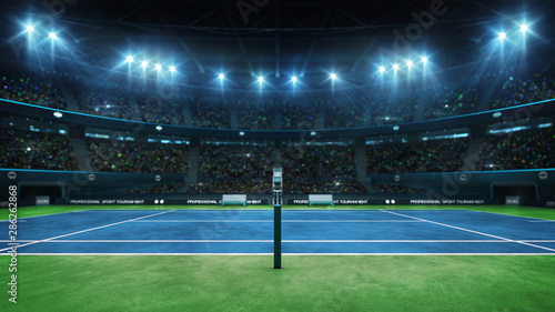 Blue tennis court and illuminated indoor arena with fans, referee side view, professional tennis sport 3d illustration background
