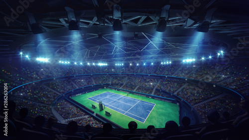 Modern tennis arena illuminated by spotlights, blue court and fans, upper perspective view, professional tennis sport 3d illustration background