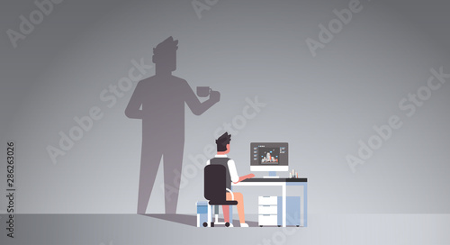 overworked man architect sitting at workplace busy engineer dreaming about coffee break shadow of man with cup imagination aspiration concept male cartoon character flat horizontal full length