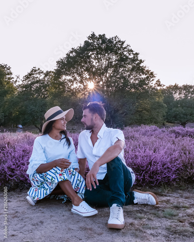 young couple visiting the blooming Heather field Posbank Veluwezoom in the Netherlands, purpple hills with blooming flowers photo