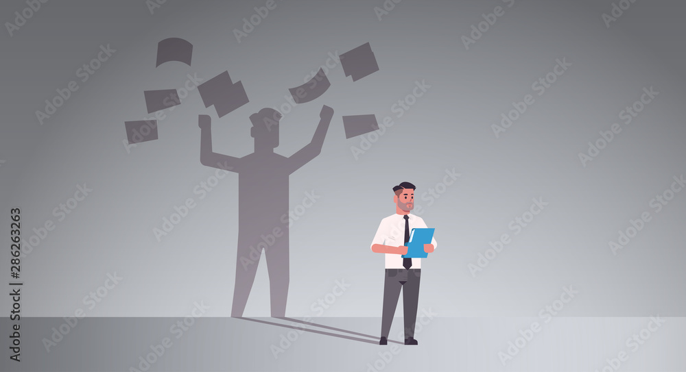 busy businessman holding folder shadow of business man throwing paper documents overvorked aspiration imagination concept male cartoon character standing pose full length flat horizontal busy businessman holding folder shadow of business man throwing paper documents overvorked aspiration imagination concept male cartoon character standing pose full length flat horizontal