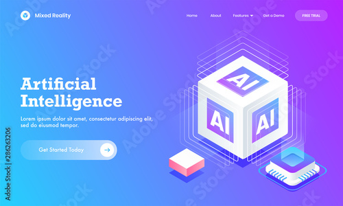 Artificial Intelligence website poster or landing page design with 3d AI cube block and digital circuit chip.