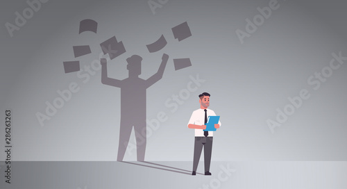 busy businessman holding folder shadow of business man throwing paper documents overvorked aspiration imagination concept male cartoon character standing pose full length flat horizontal