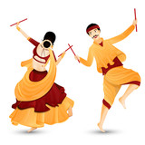 Young couple character dancing with dandiya sticks.
