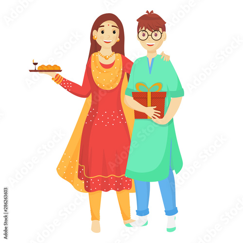 Young brother and sister celebrating on the occasion of Raksha Bandhan. Can be used as poster or template design.