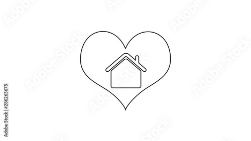 Black House with heart shape line icon on white background. Love home symbol. Family, real estate and realty. 4K Video motion graphic animation photo