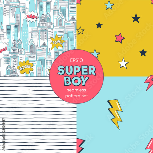 Children comic book vector seamless patterns set. City with fight bubbles, colorful stars, horizontal lines and lightning bolts textures pack. Wallpaper, wrapping paper, textile cartoon designs