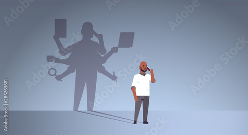 african american businessman talking on phone shadow of busy business man with many hands multitasking overworked concept male cartoon character standing pose full length flat horizontal
