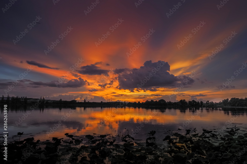 Obraz premium Lake view evening panorama above Lotus lake with red sun light and cloudy sky background, sunset at Krajub Reservoir attraction in Ban Pong, Ratchaburi, Thailand.