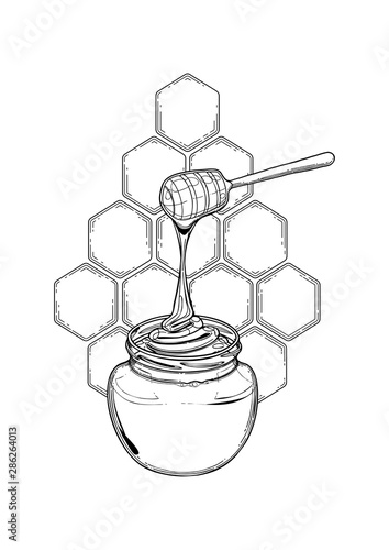 Graphic meadow honey flowing from the stick to the bottle